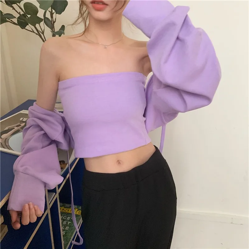 

Women Fashion Sexy Casual T-shirts Two-piece Suit 2024 New Summer Women's Thin Shawl Top Tube Tops All-match Long Sleeve Tees