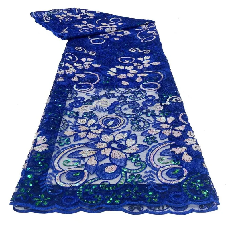 

2023 Fashion Luxury Sequin African Lace Fabric High Quality French Tulle Lace Material For Nigeria Bridal Wedding Sew Royal blue
