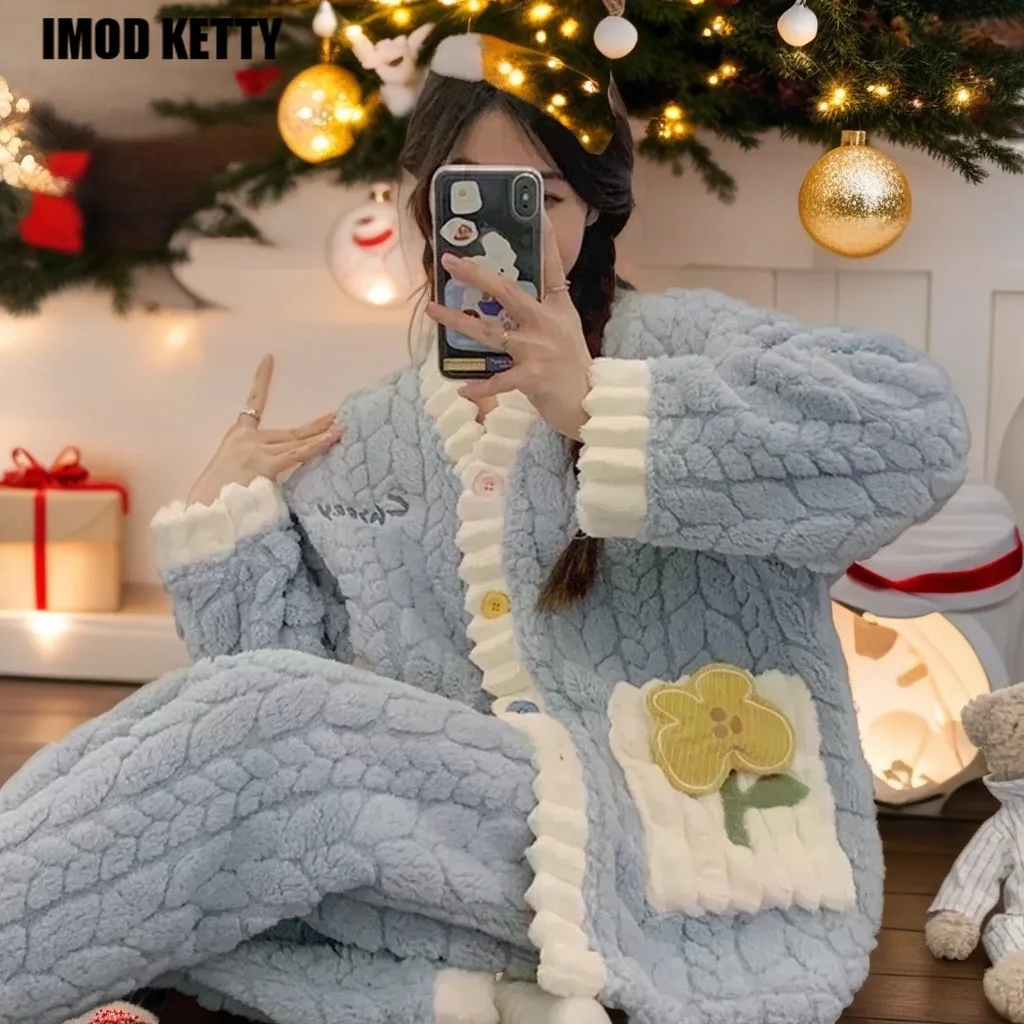 

Женский зимний пижамный комплект из двух предметов, утепленные брюки с длинным рукавом и мультяшным рисунком, теплый удобный фланелевый Женский комплект для отдыха