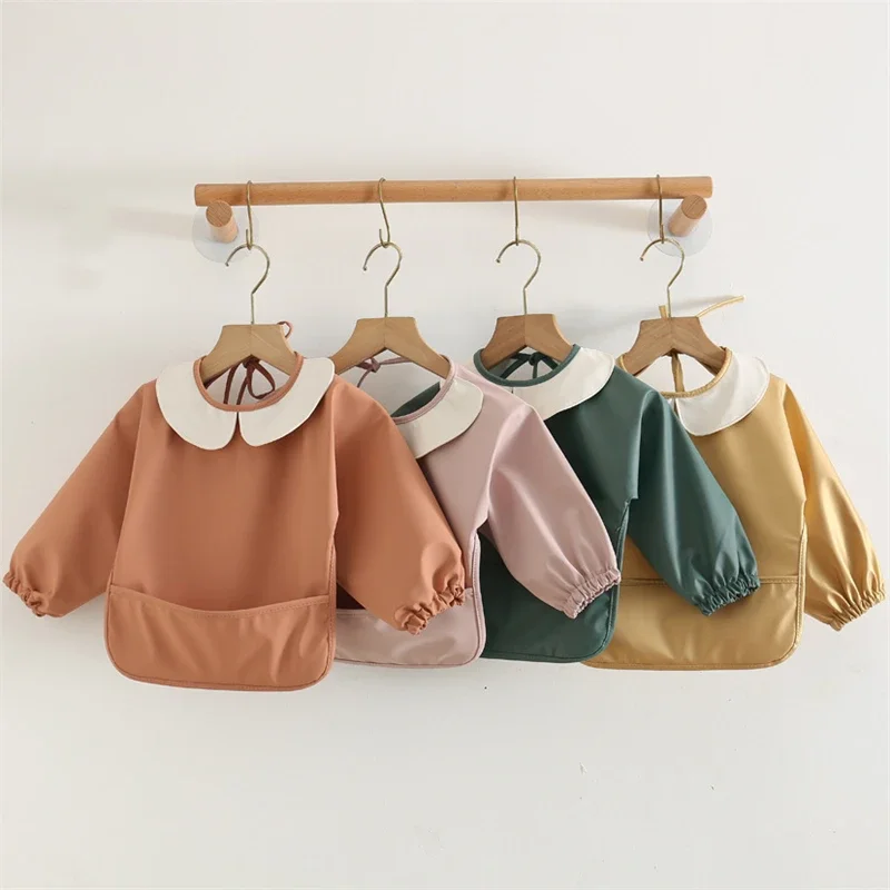 

Easy Clean PU Full Sleeve Bib Baby Kids Solid Color Soft Faux Leather Children Apron Painting Meals Protection Waterproof Smock