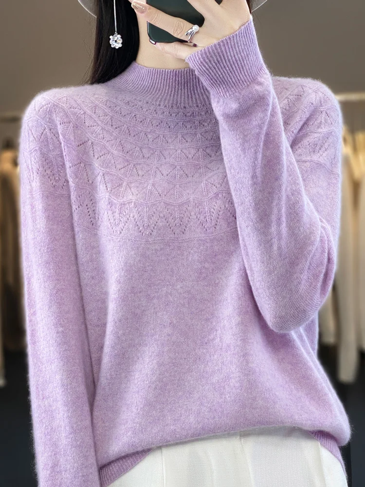 

Women's Autumn Sweater Mock Neck Hollow Long Sleeve Pullover 100% Merino Wool Basic Grace Cashmere Knitwear Female Clothing Top