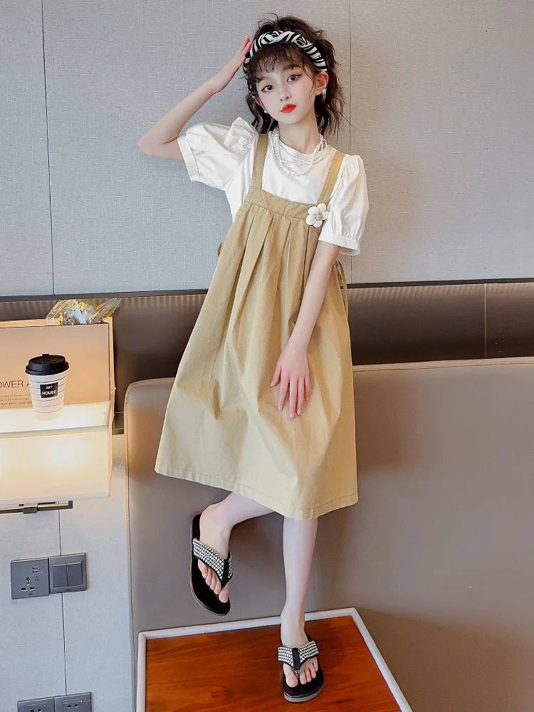 

Girls' Summer Suit2024New Big Boy Girl Fashionable Dress Short Sleeve Braces Skirt Fashion Two-Piece Suit