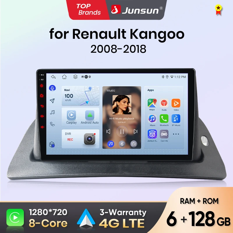 Junsun Autoradio für Renault Kangoo 2008 2009 2010 2011-2018 CarPlay Android Auto FM RDS DSP BT GPS Navi SWC HD IPS Touchscreen Plug & Play Multimedia-Player Freisprecheinrichtung Original-Autostil-Haupteinheit