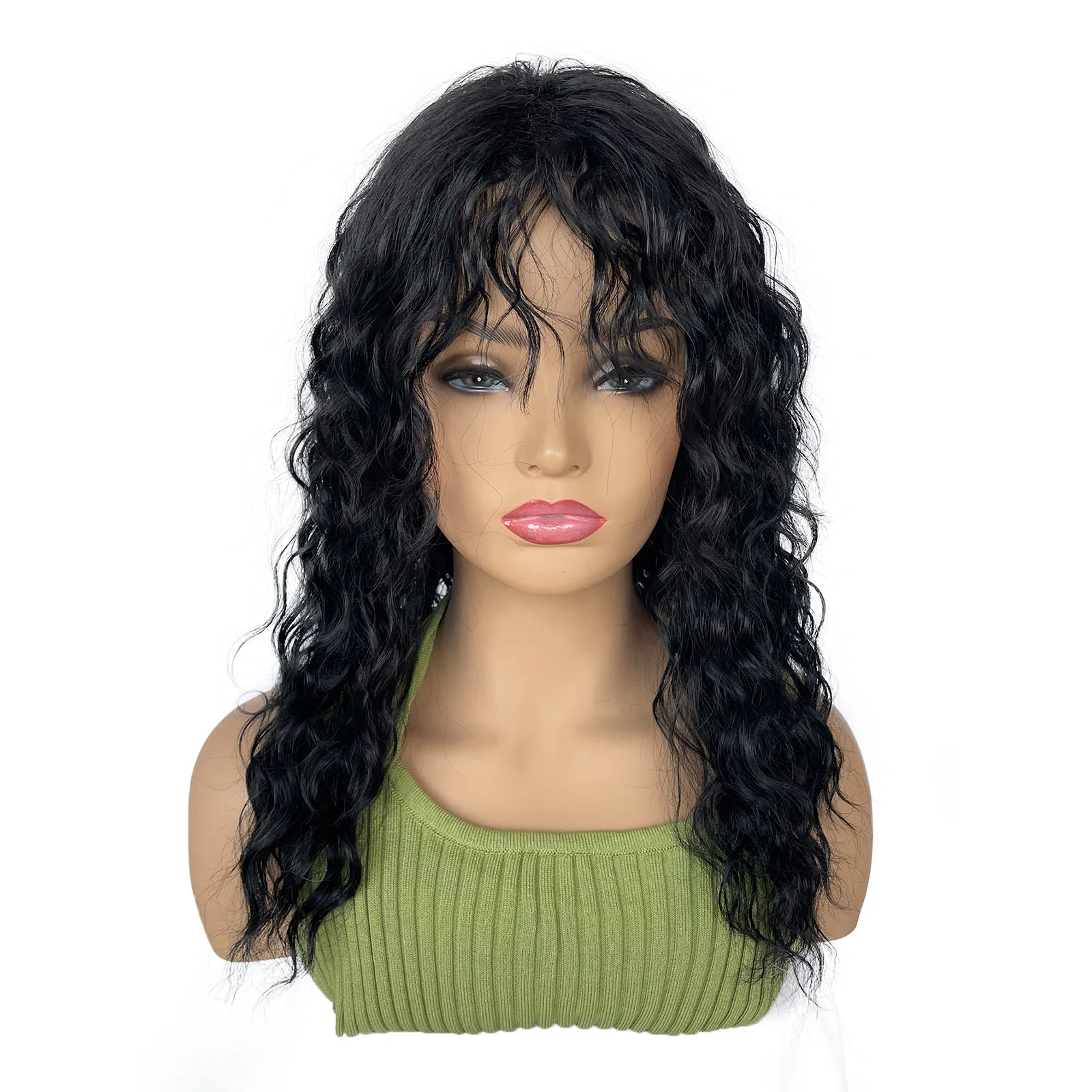 

BCHR Long Black Curly Wig Cosplay Anime Synthetic Water Wave Wigs with Bang for Women Hair