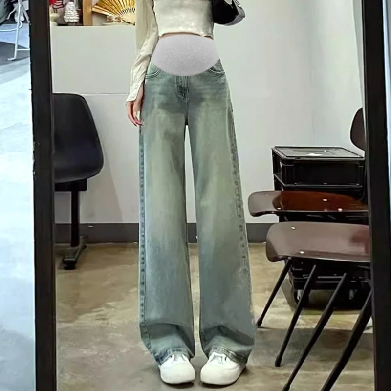 2025 الربيع الأمومة سراويل جينز واسعة الساقين المر...