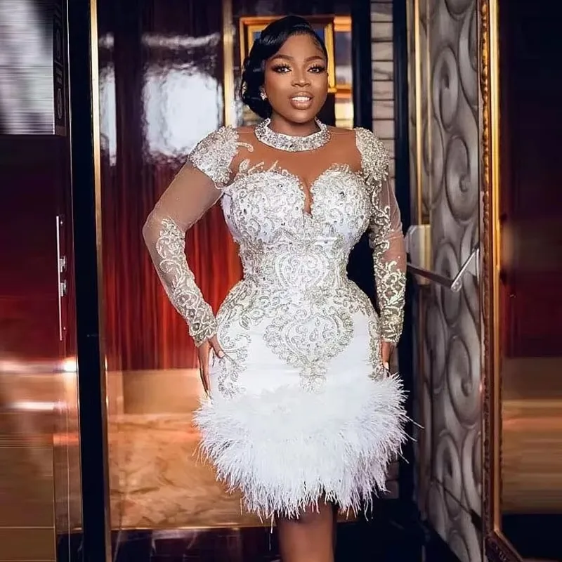 Prom Dresses Short Beads Crystals Feathers See Through Long Sleeves Evening Gowns Celebrity Pageant Aso Ebi Party Robe