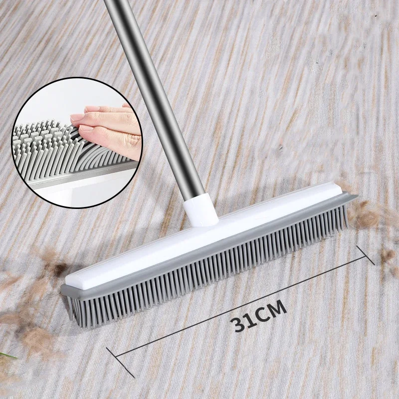 Scopa in gomma per la rimozione dei peli di animali domestici, con manico lungo telescopico da 150 cm, scopa per peli di animali domestici con spatola per tappeti, pavimenti in legno duro