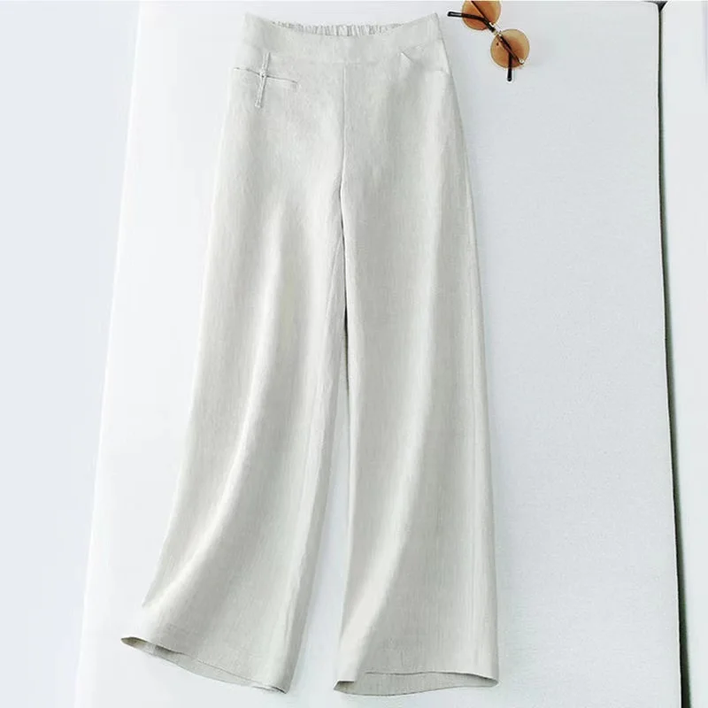 Linen  Straight  Elastic Waist  Solid  Button Decoration  Show Thin  Wide-legged Pants slacks Pants & Capris