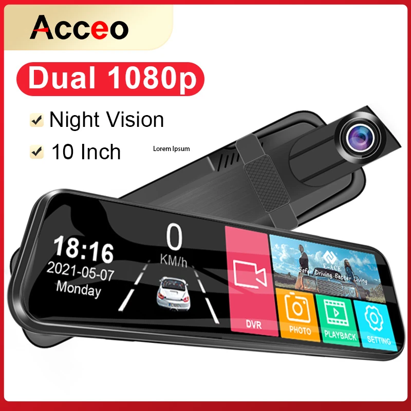 Acceo A20P 10 Inches Car Dvr Dash Cam HD 1080P Dual Lens Touch Screen Auto Rearview Mirror Dash Stream Media 170° Front And Rear vehicle blackbox dvr full hd 1080p