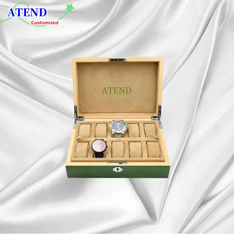 ATEND Wholesale High-grade Green Wood 10 Grids Watch Box Large Capacity Watch Storage Box GMT Watch Box Display Props Gift Cases