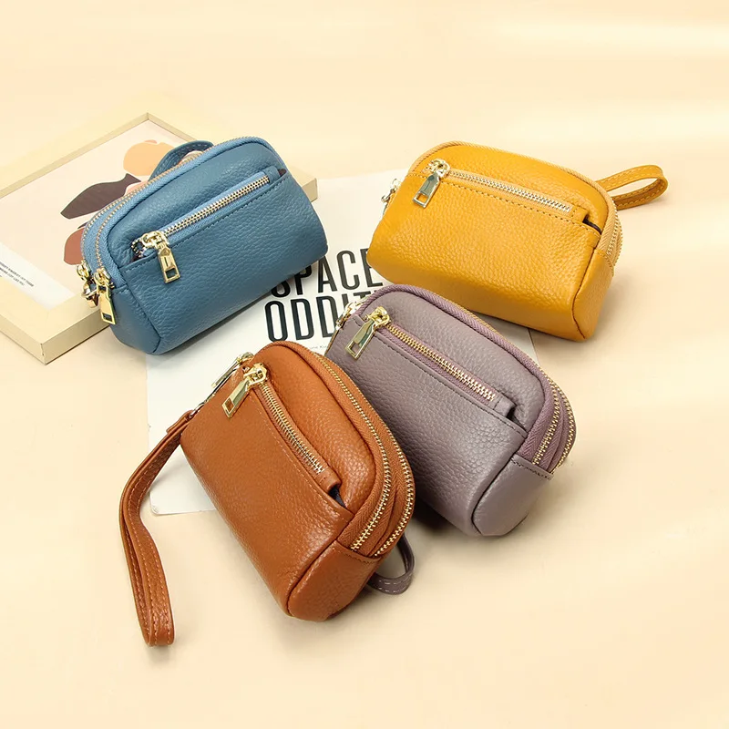 Elegant Genuine Leather Mini Wallet - Women's Handbag Style Coin Purse with Triple Zipper Design