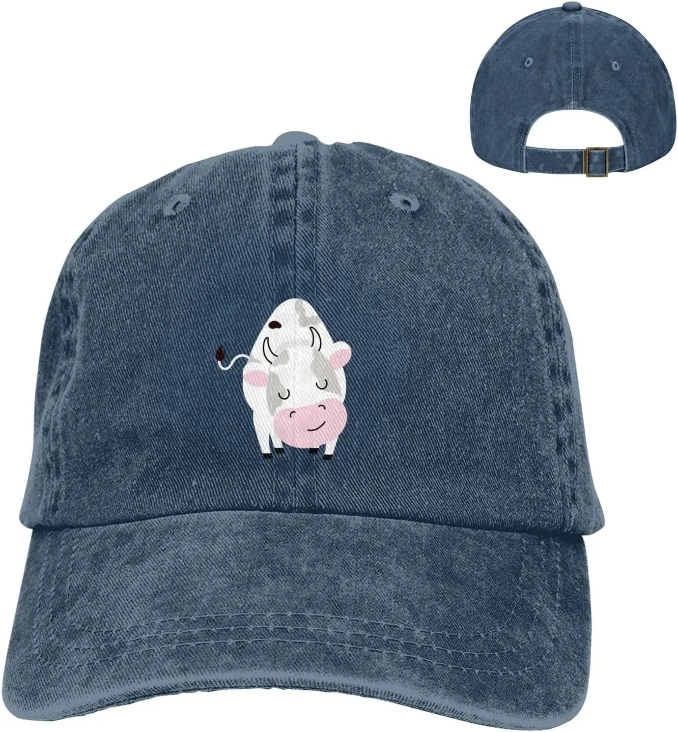 Cartoon Milk Cow Distressed Adjustable Washed Denim Cotton Low Profile Mens Dad Trucker Hat Black Fitted Baseball Ball Cap