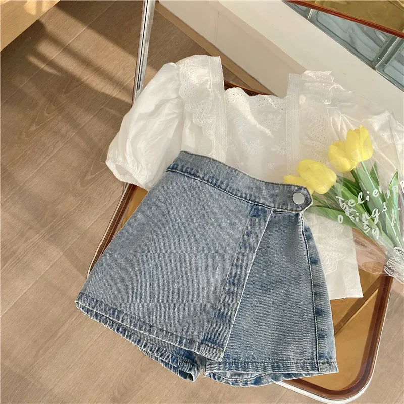 Kids Clothing Set Girls Fashion Lace Blouse Top & Denim Shorts Korean Style 2pcs 2-7Y kids clothing set,girls clothing set