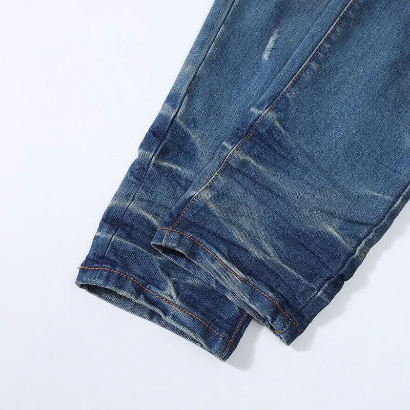 Latest Street Fashion Men's Jeans Vintage Blue Elastic Slim Fit Split Jeans Men's Vintage Pants Splicing Designer Hip Hop Perfor