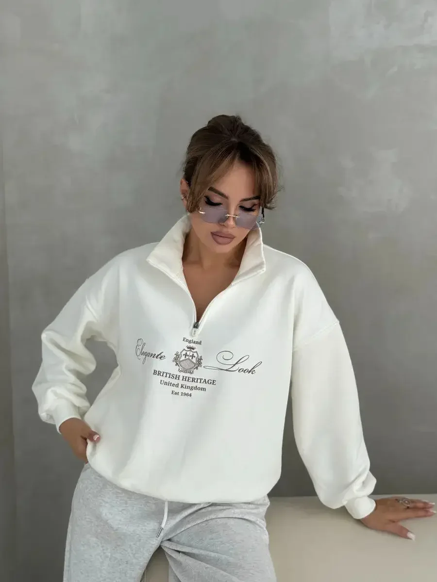 Vintage British Style Lapel Shirts Zipper Turn-down Collar Sweatshirt Loose Leisure Autumn Elegant Women Large Size Streetwear