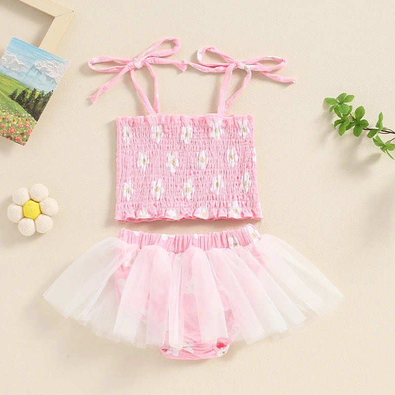 Description Picture 3 of itemBaby Girls Summer Shorts Sets Sleeveless Floral Print Cami Tops Mesh Patchwork Shorts Sets