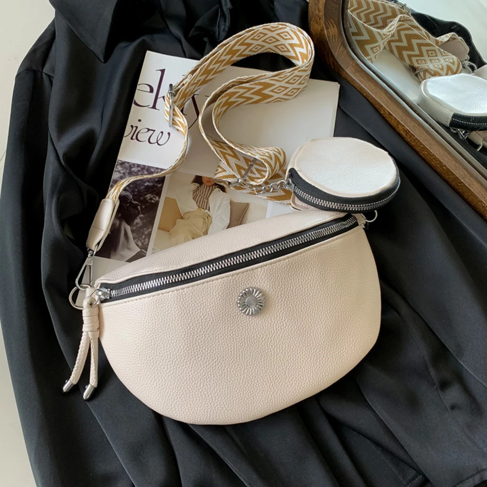Ladies Fashion Wide Strap Handbag PU Leather Waterproof Commute Shoulder Chest Belt Bag Zipper Casual Adjustable Strap for Women