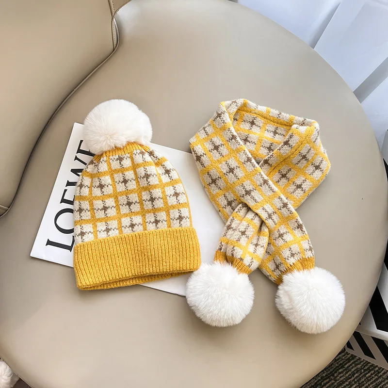 Winter Warm Plaid Pompom Baby Hat and Scarf Sets Kids Thick Soft