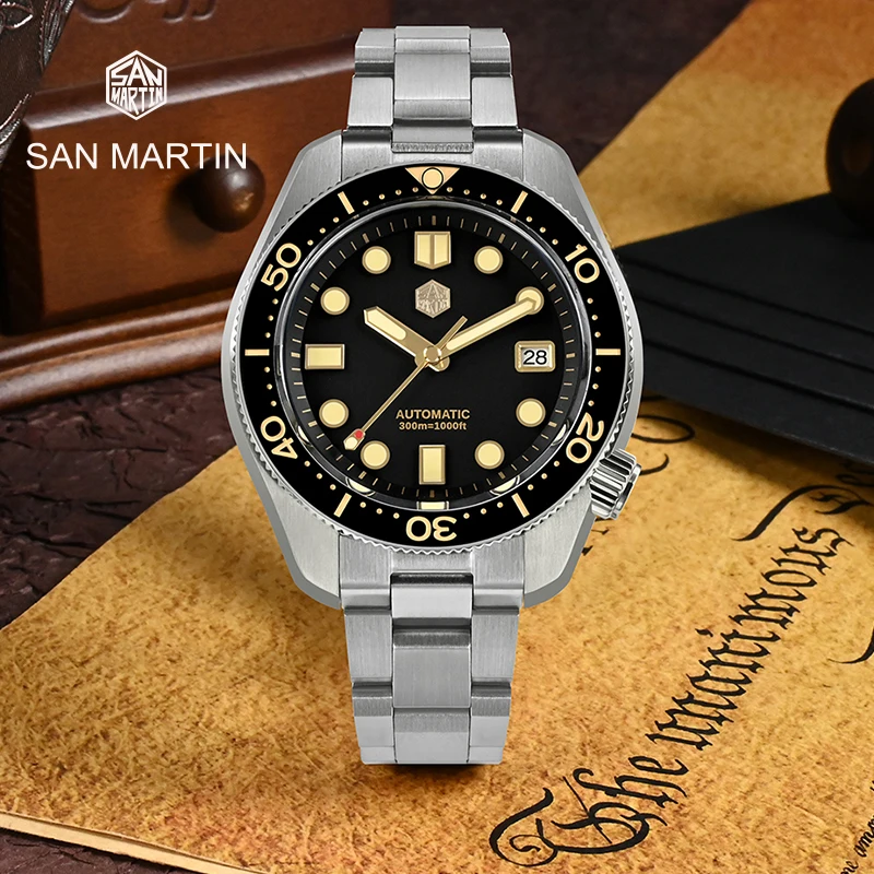 

San Martin 44mm Luxury Vintage MM300 Men Diving Watch NH35 Gilt Dial Automatic Mechanical Sapphire Waterproof 300M C3 Reloj