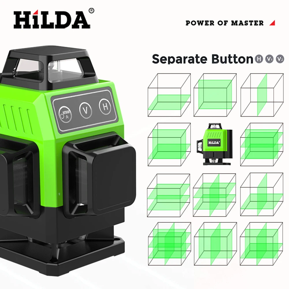 HILDA Mini Laser Level Meter 12 Lines 3D Self-Leveling 360&deg; Horizontal & Vertical Cross Line Green Laser Beam 3000mAh Instrument laser level