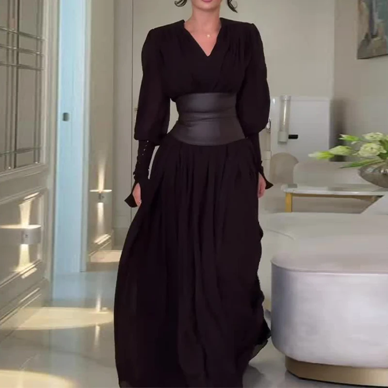 Women Casual Girdling Autumn Retro Maxi Dress Vintage High Split Pleats Holiday Fashion Long Sleeve Big Hem Party women maxi dress
