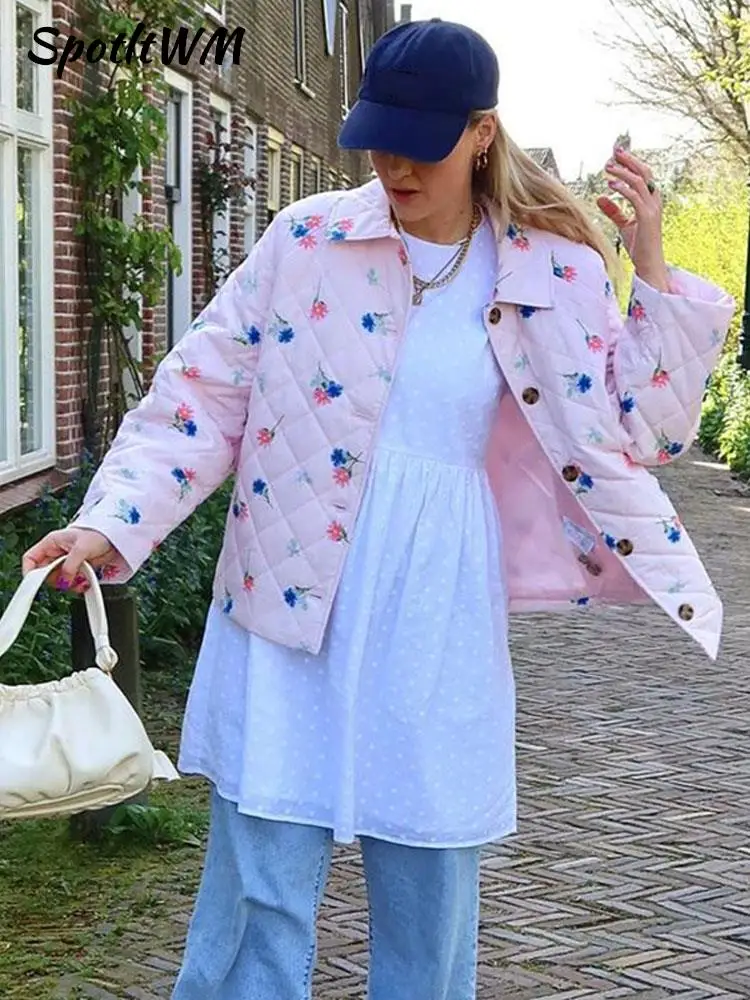 

Vintage Lapel Printed Cotton Coat Ladies Elegant Pink Cute Autumn Winter Jacket Women Loose High Street Fashion Warm Outerwear