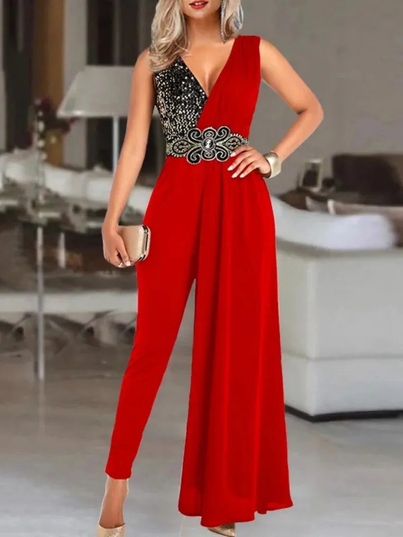 

Cutubly New Sequin Patchwork Jumpsuits For Women Elegant Party Sleeveless Tank Wrap Lace High Waist Skinny Long Romper Jumpsuit