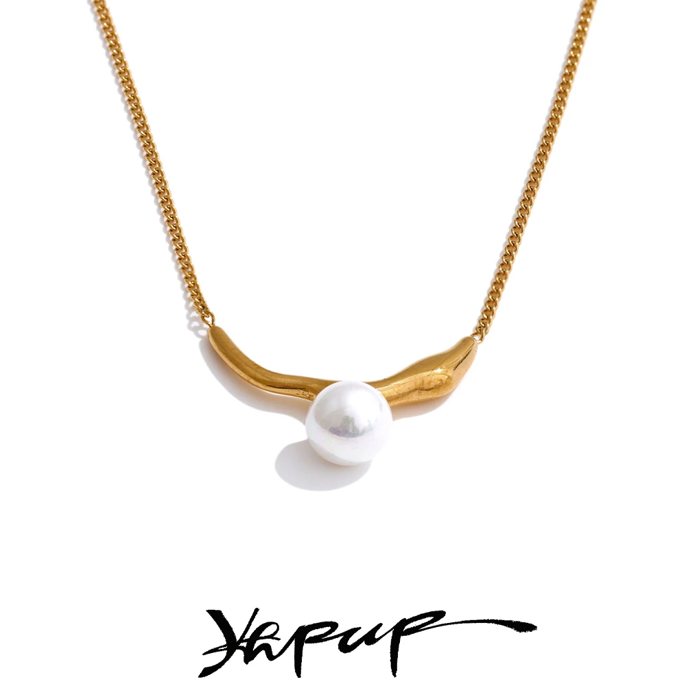 Yhpup Korean Style Elegant Natural Pearl Chic Necklace Pendant Stainless Steel