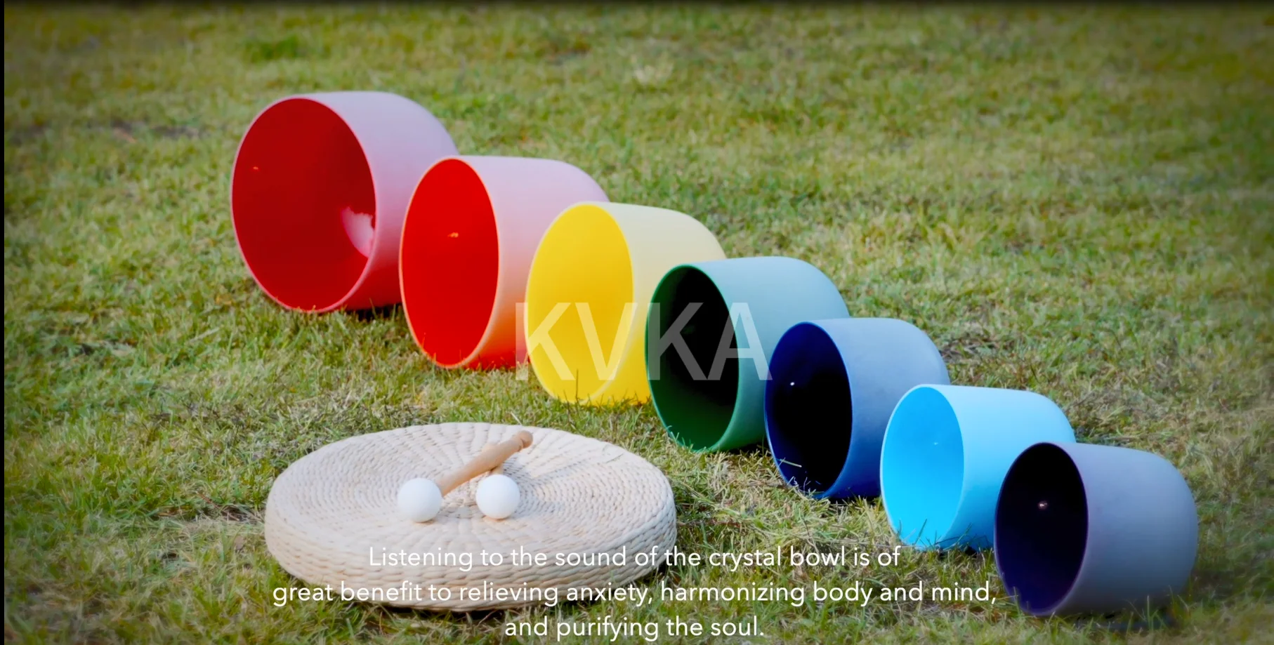 

【High quality product】KVKA 6"-12" Note CDEFGAB Colored set of 7PCS Chakra Frosted Quartz Crystal Singing Bowl with best sound