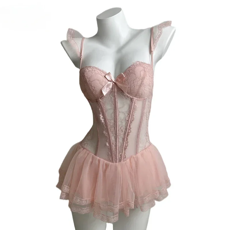 Erotic Lingerie Ladies Sexy French Lace Corset New Bodysuit Gathered Elasticity Women Push Up Mesh Material Bustier Underwear