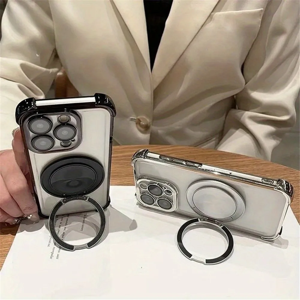 Elegant Shockproof Clear Phone Case with Magnetic Bracket and Bumper Protection