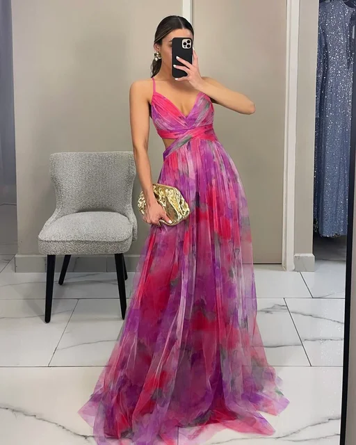 Mode femme printemps automne nouvelle maille imprimé fleuri belle robe de soirée dames robe licou INS vacances robe longue décontractée 1
