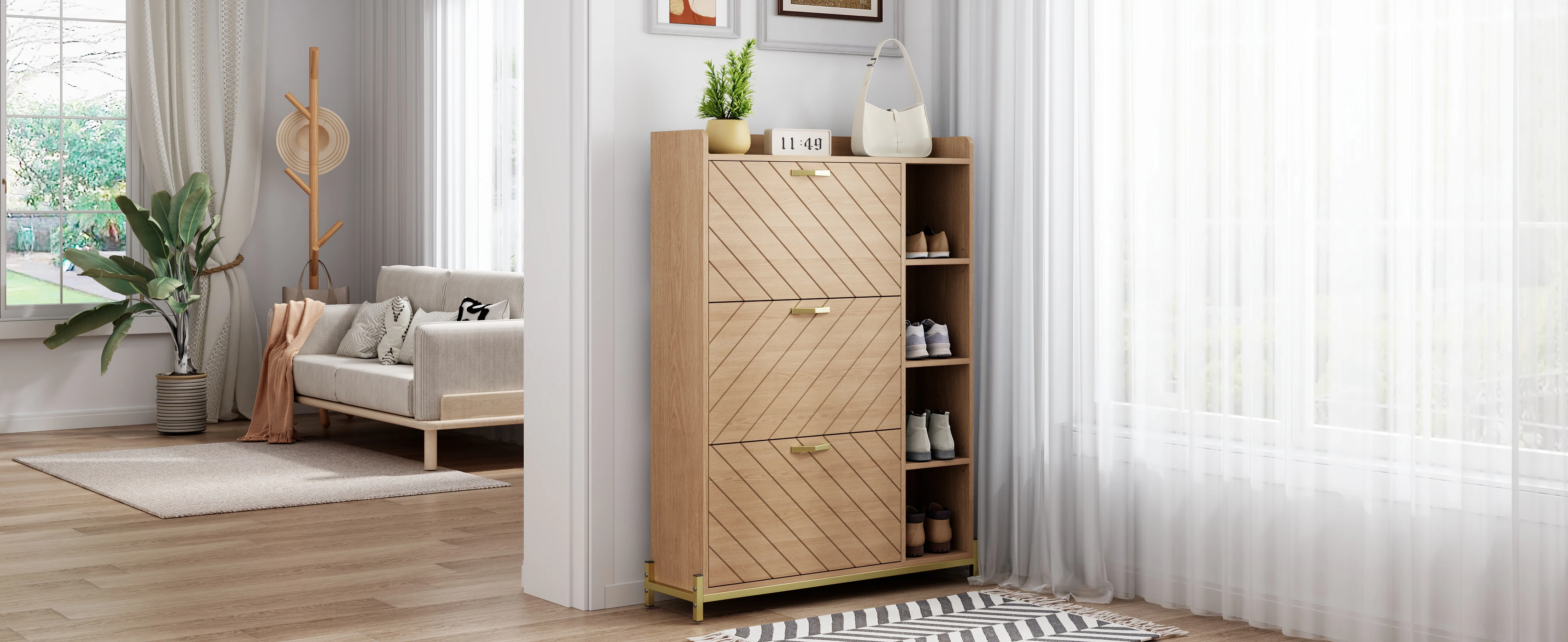 Schuhschrank im nordischen Stil mit Klappdeckel, Eichenholzoptik, drei Türen, großes Fassungsvermögen, ultradünner Eingangsbereichschrank, offene Seitenregale. – Detail 11