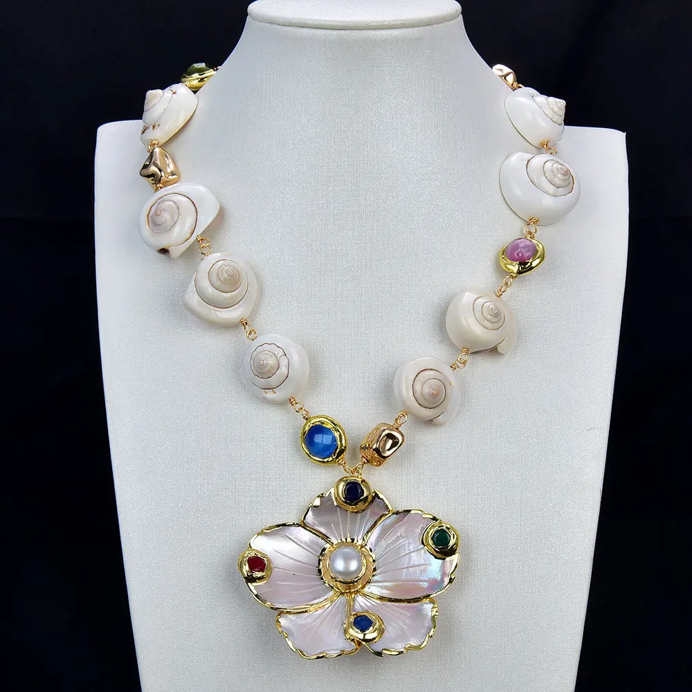 

GG Jewelry Natural Rare Conch Shell Pearl Mix color Cat eye Necklace Shell Flower Jade Pearl Pendant For Lady