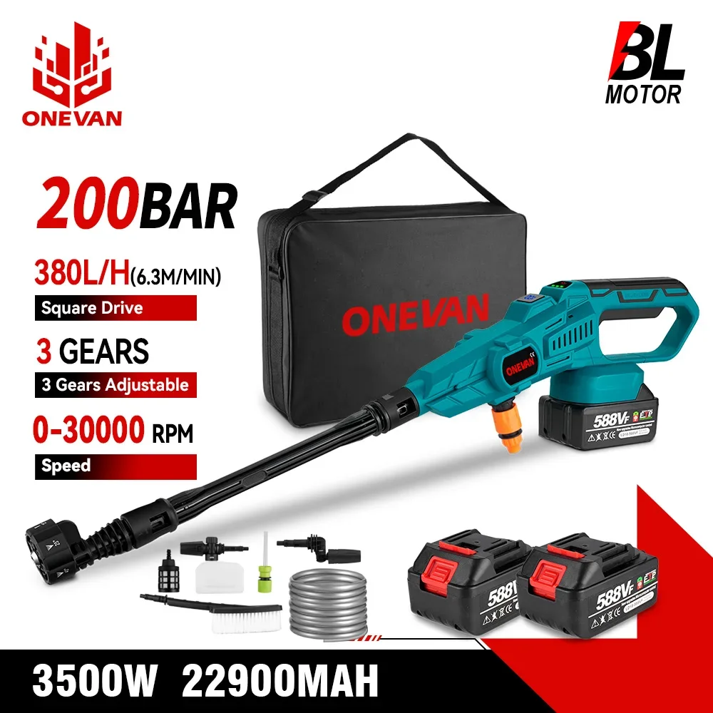 ONEVAN 200Bar 3500W Cordless High Pressure Car Washer Gun 6-in 1 Cordless Rechargeable Car Washing Gun for Makita 18V Battery