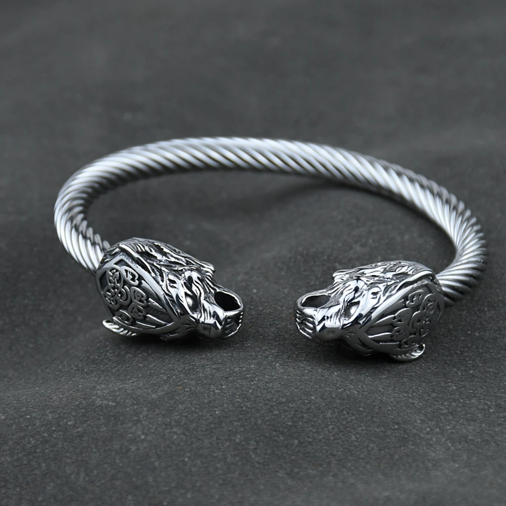 Men Stainless Steel Viking Wolf Geri and Freki Bear Paw Head Bangle amulet Bracelets for Male Gift 5