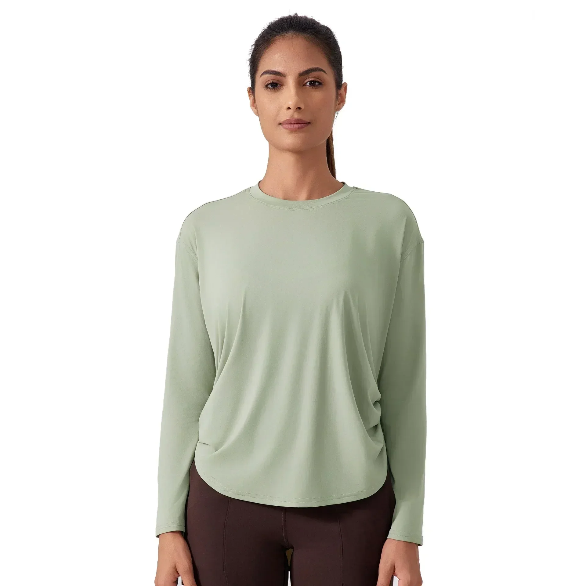 Lemon Breathable Quick-drying Yoga Tops Drawstring Pleated TEE Loose Comfortable Round Neck Outdoor Sports Long-sleeved Shirt 2