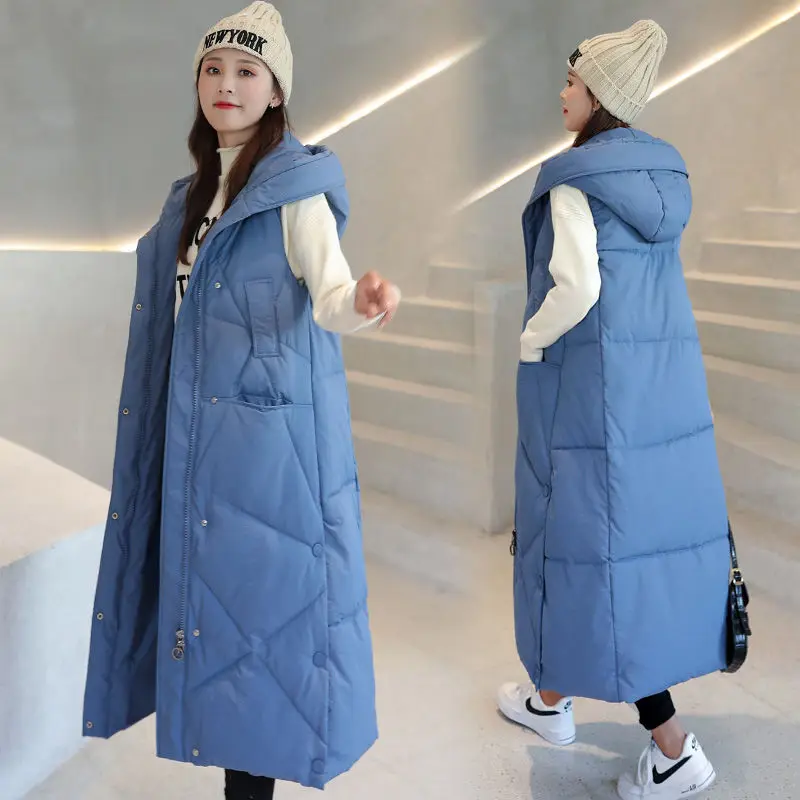 2023 New Female Hooded Sleeveless Outwear Long Waistcoat Women Autumn Winter Korean Loose Warm Thick Cotton Padded Vest Overcoat