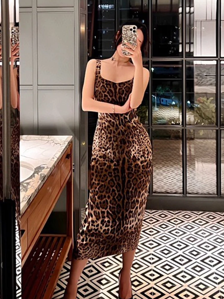 

Spring and summer new ladies temperament leopard print dress word collar slim fashion Joker long sling vest skirt