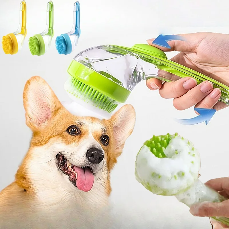 Pet Bathing and Grooming Silicone Brush with Long Handle