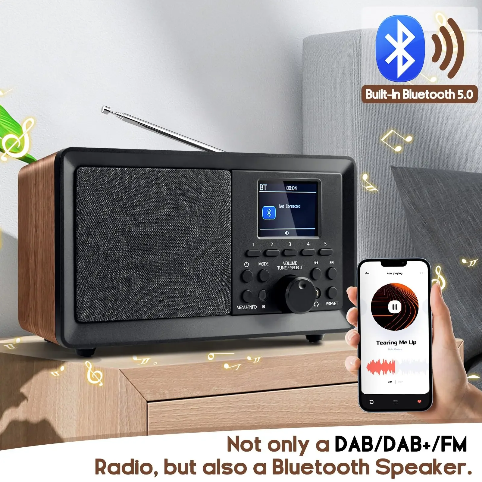 다기능 DAB/FM 라디오 블루투스 5.0 스피커, 리모컨이 있는 레트로 우드 라디오, USB/AUX, 헤드폰 잭, 듀얼 알람, 수면 타이머