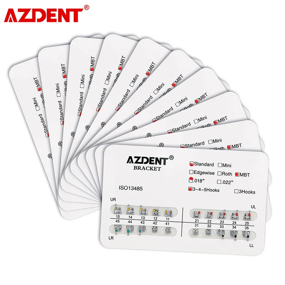 

10 Packs AZDENT Dental Orthodontic Metal Brackets Braces Split Welding Standard Roth/MBT/Edgewise 022/018 Hooks 3/345