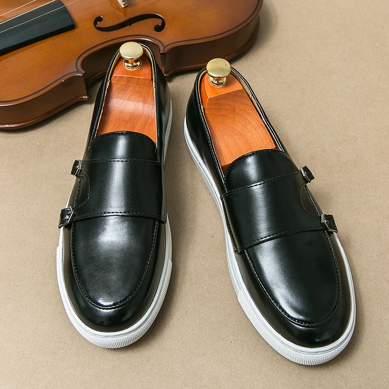 Men Fashion Vulcanized Shoes Black Brown Double Buckle British Leisure Comfort Lefu Sho European Station Walking Shoes Men Shoes