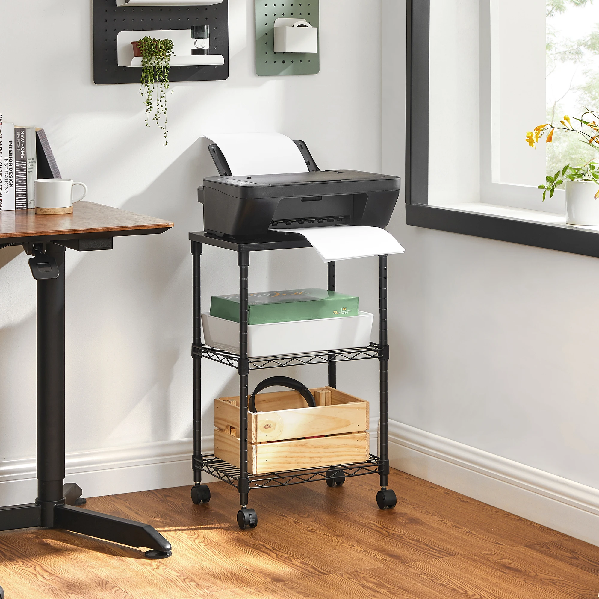 SONGMICS 3 Tier Printer Stand, Printer Table with Wheels, Rolling Printer Cart, Printer Desk with Metal Frame for Home Office 2