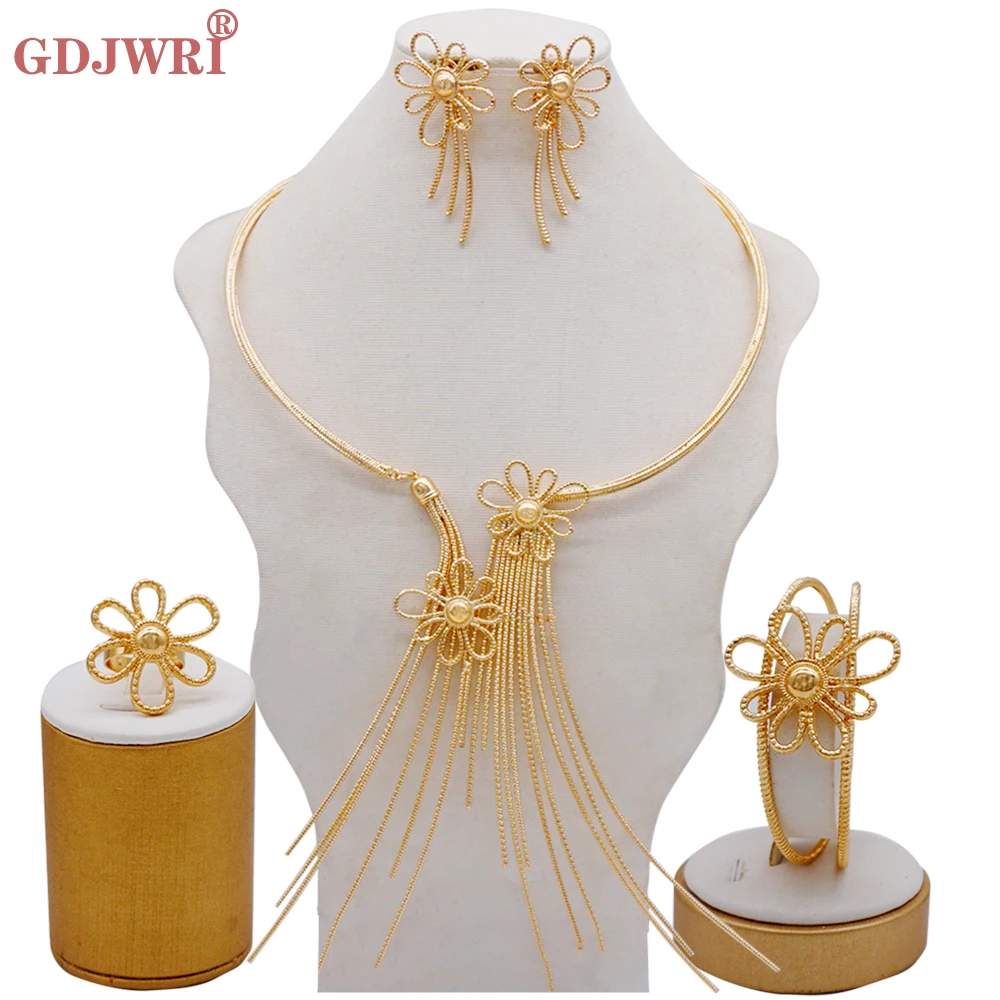 

Fine Jewelry 24K Gold Color Dubai Jewelry Sets For Women African Party Wedding Gifts Necklace Bracelet Earrings Ring Jewellery