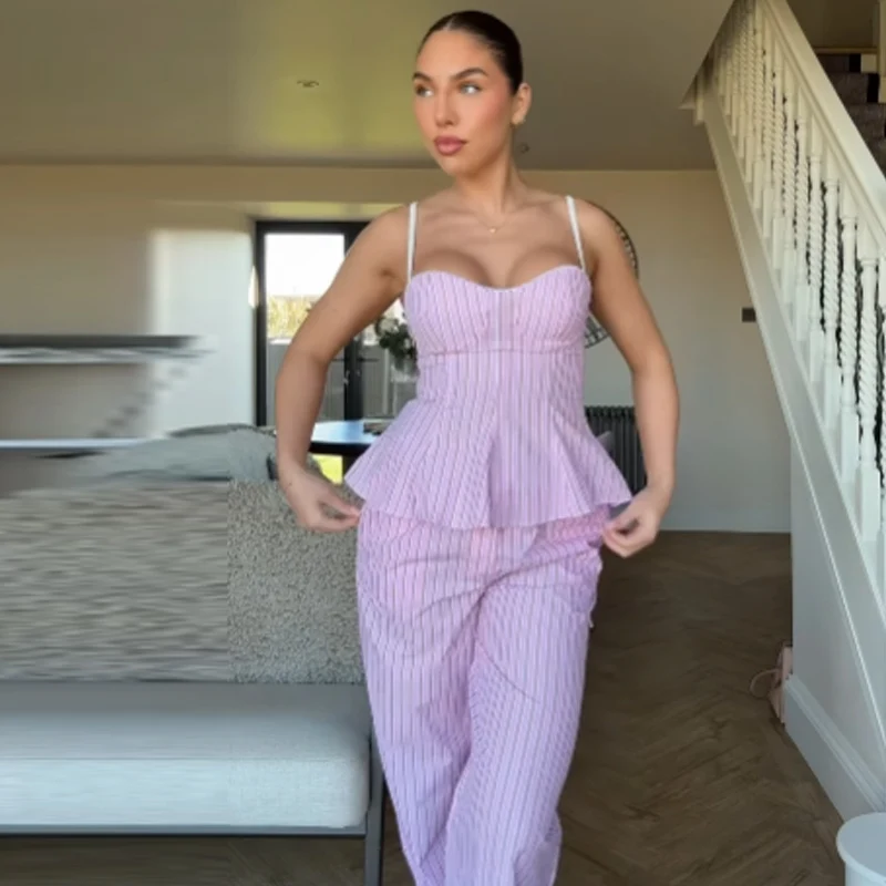 HXAO  Striped Pant Sets Women's Suit Summer Elegant Crop Slip Top Vest 2 Piece Sets Woman Outfit Bow High Waist Trousers Set, view 6
