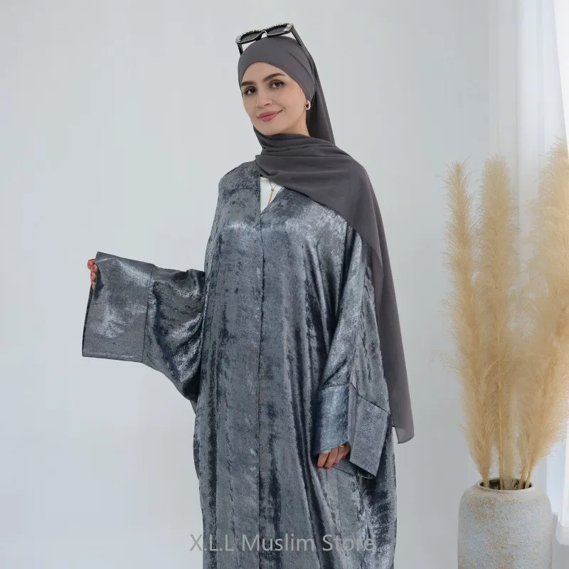 Eid Ramadan Open Kimono Satin Abaya Luxury Batwing Dubai Kaftan Muslim Dress Modest Loose Islam Kebaya For Women Clothing Robe