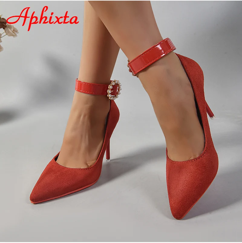 Aphixta Round Pearl Metal Belt Buckle 10cm Stiletto Heels Flock Pumps Women Banquet Shoes Strap Pimp Pointed Toe Big Size 35-50