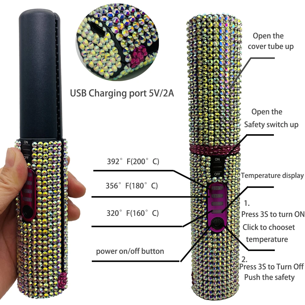 Cordless Hair Straightener Bling Portable ni Flat Iron Ceramic Curling Iron with 4800mAh Rechargeable Battery Hair Straightener