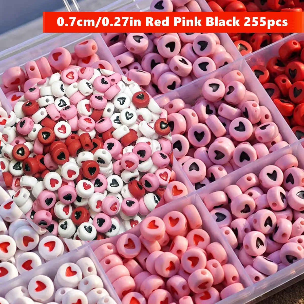 255pcs 7mm 색상 구성표 빅 레드, 핑크, 화이트 러브 하트 볼 비즈 DIY ..